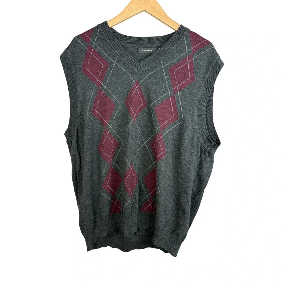 Claiborne Argyle Sweater Vest Men's XLT Gray Burgundy V-Neck Grandpa Core